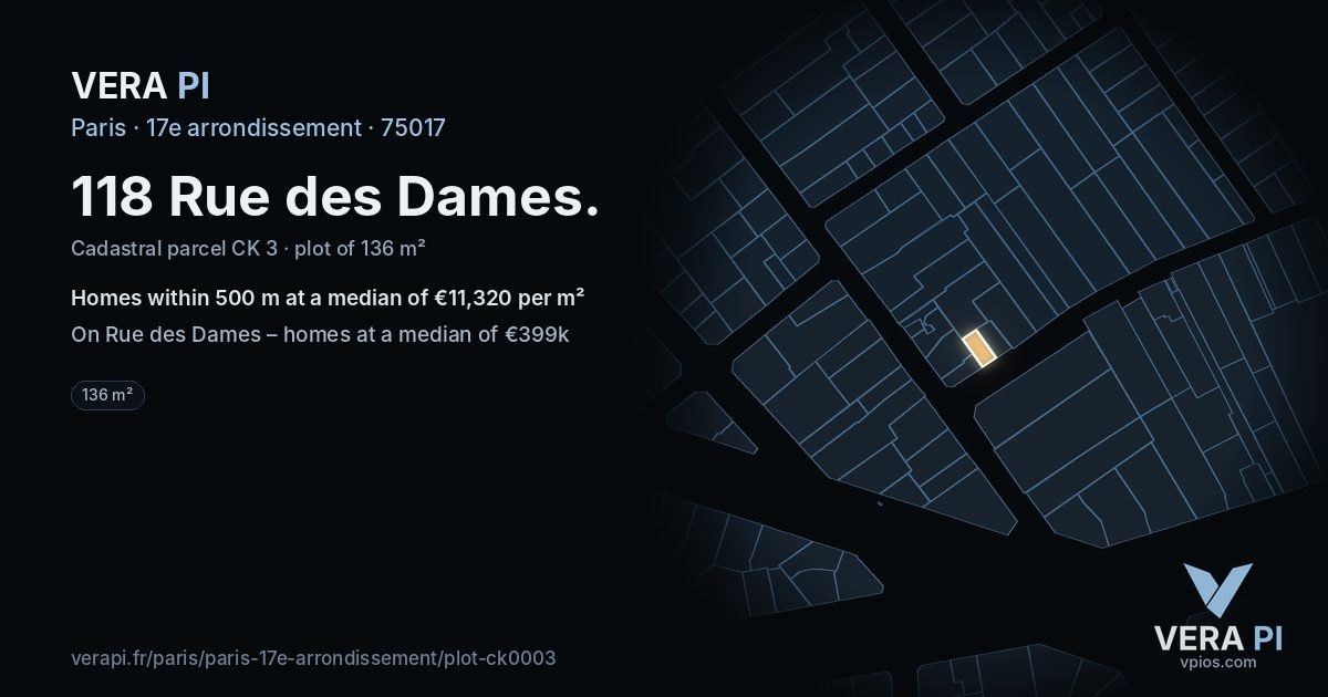 118 Rue des Dames, 17e arrondissement at night – the plot lit, the parcels around coloured by the prices near them