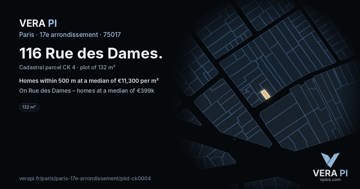 116 Rue des Dames, 17e arrondissement at night – the plot lit, the parcels around coloured by the prices near them