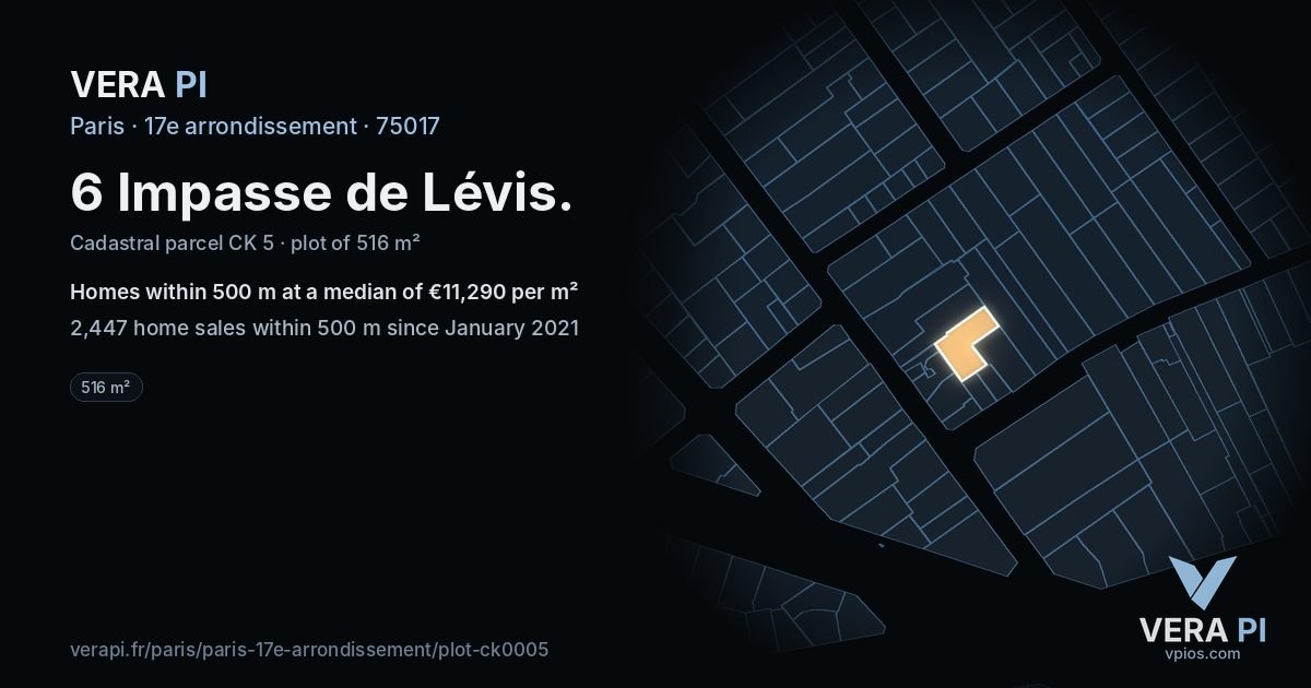 6 Impasse de Lévis, 17e arrondissement at night – the plot lit, the parcels around coloured by the prices near them