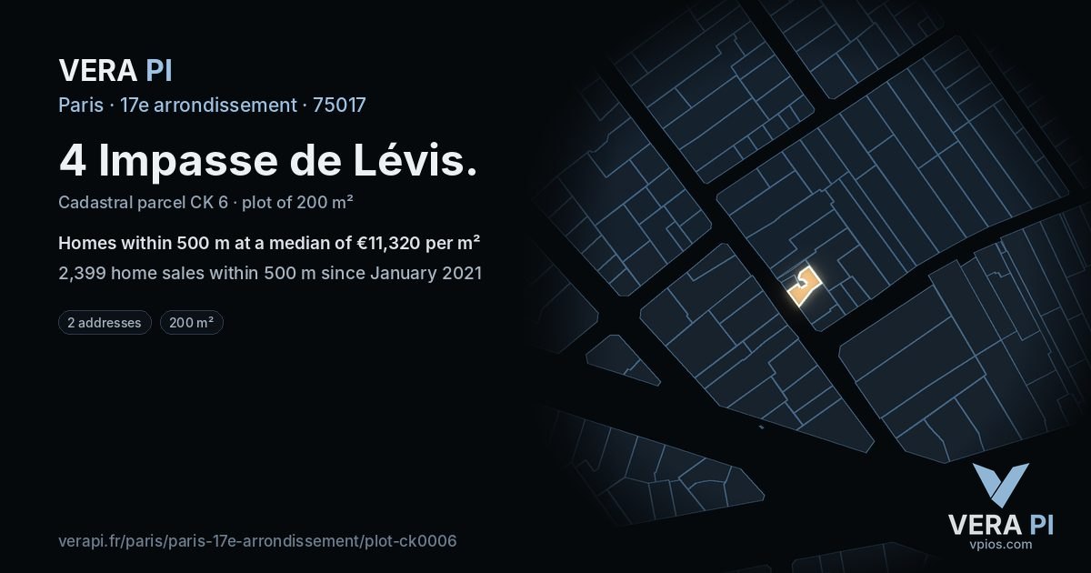 4 Impasse de Lévis, 17e arrondissement at night – the plot lit, the parcels around coloured by the prices near them
