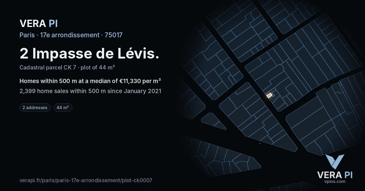 2 Impasse de Lévis, 17e arrondissement at night – the plot lit, the parcels around coloured by the prices near them