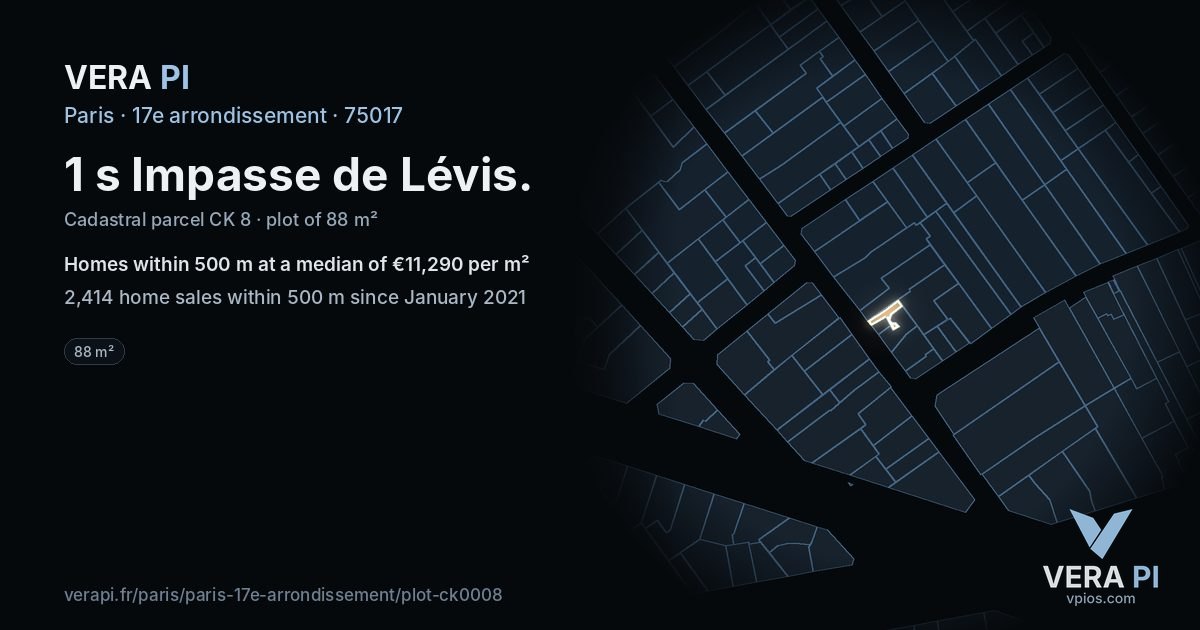 1 s Impasse de Lévis, 17e arrondissement at night – the plot lit, the parcels around coloured by the prices near them
