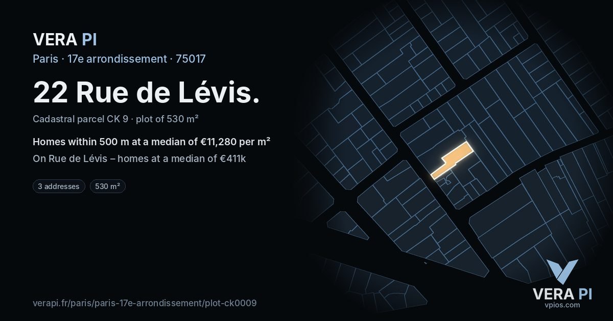 22 Rue de Lévis, 17e arrondissement at night – the plot lit, the parcels around coloured by the prices near them