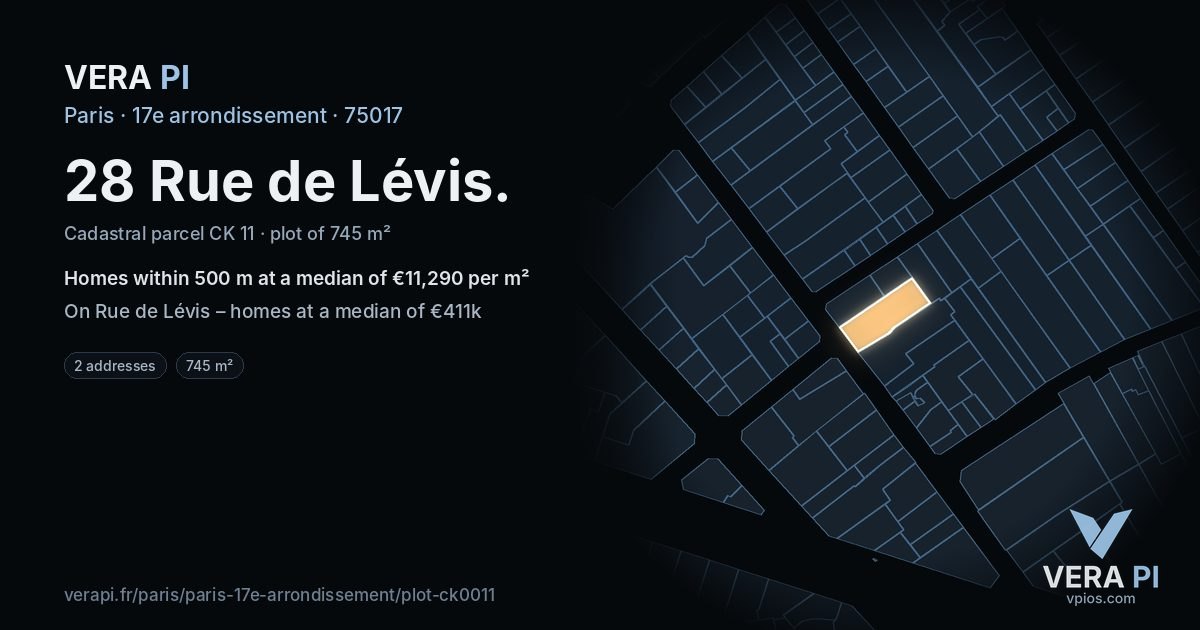 28 Rue de Lévis, 17e arrondissement at night – the plot lit, the parcels around coloured by the prices near them