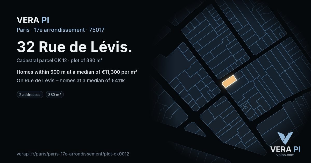 32 Rue de Lévis, 17e arrondissement at night – the plot lit, the parcels around coloured by the prices near them