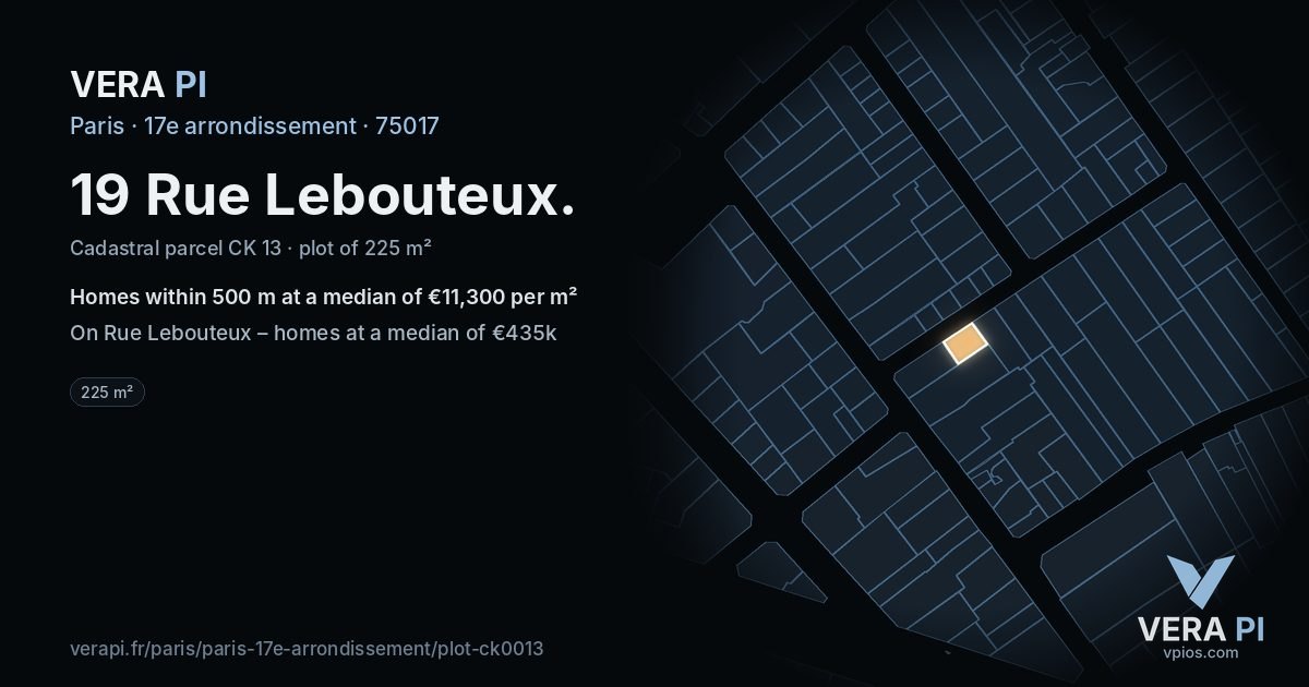 19 Rue Lebouteux, 17e arrondissement at night – the plot lit, the parcels around coloured by the prices near them