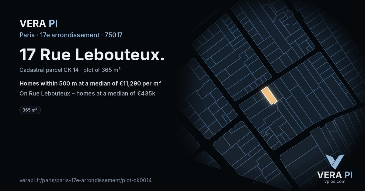 17 Rue Lebouteux, 17e arrondissement at night – the plot lit, the parcels around coloured by the prices near them