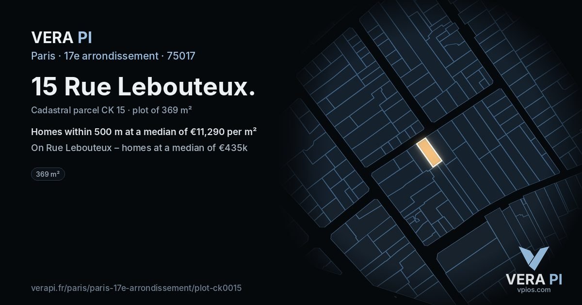 15 Rue Lebouteux, 17e arrondissement at night – the plot lit, the parcels around coloured by the prices near them