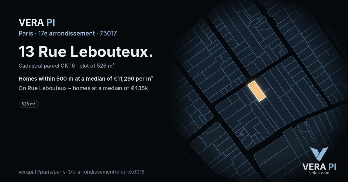 13 Rue Lebouteux, 17e arrondissement at night – the plot lit, the parcels around coloured by the prices near them