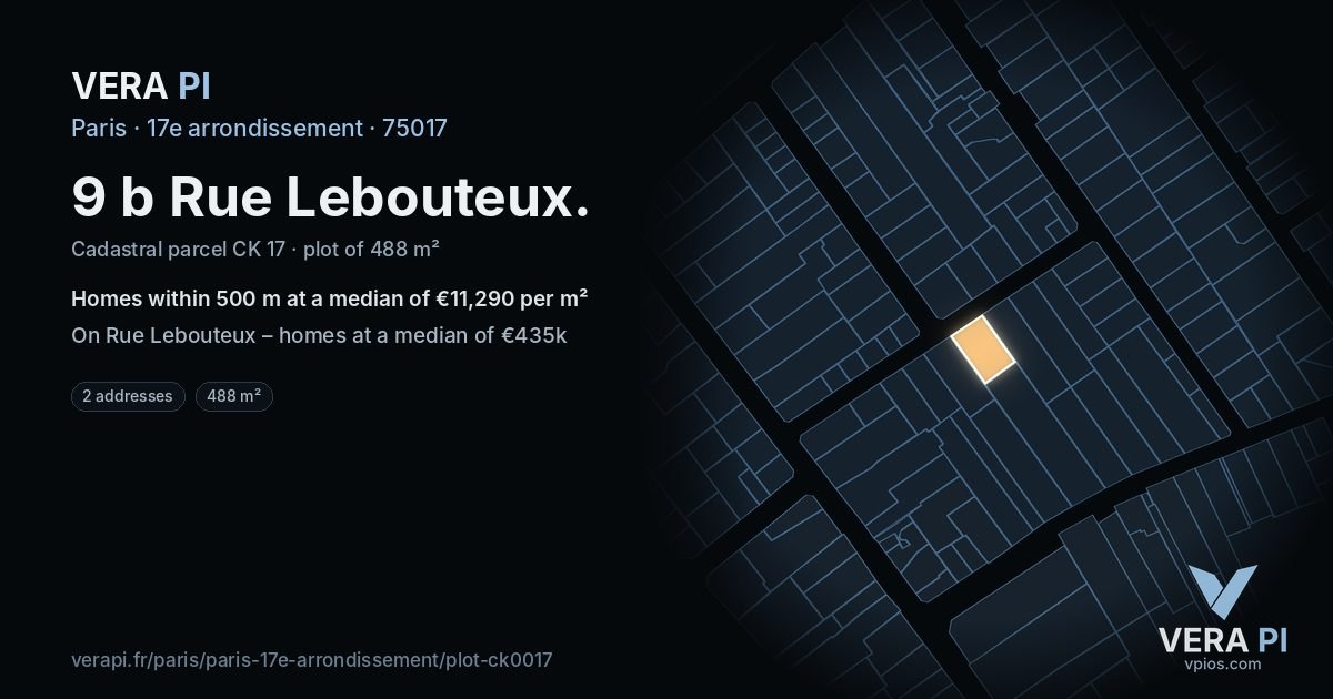 9 b Rue Lebouteux, 17e arrondissement at night – the plot lit, the parcels around coloured by the prices near them