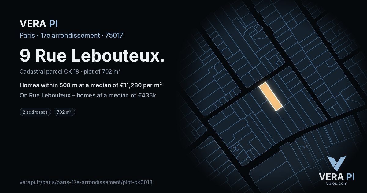 9 Rue Lebouteux, 17e arrondissement at night – the plot lit, the parcels around coloured by the prices near them