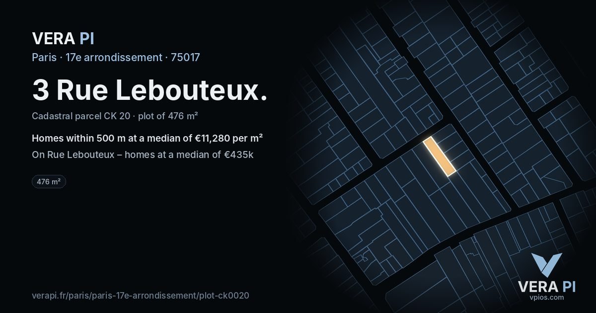 3 Rue Lebouteux, 17e arrondissement at night – the plot lit, the parcels around coloured by the prices near them