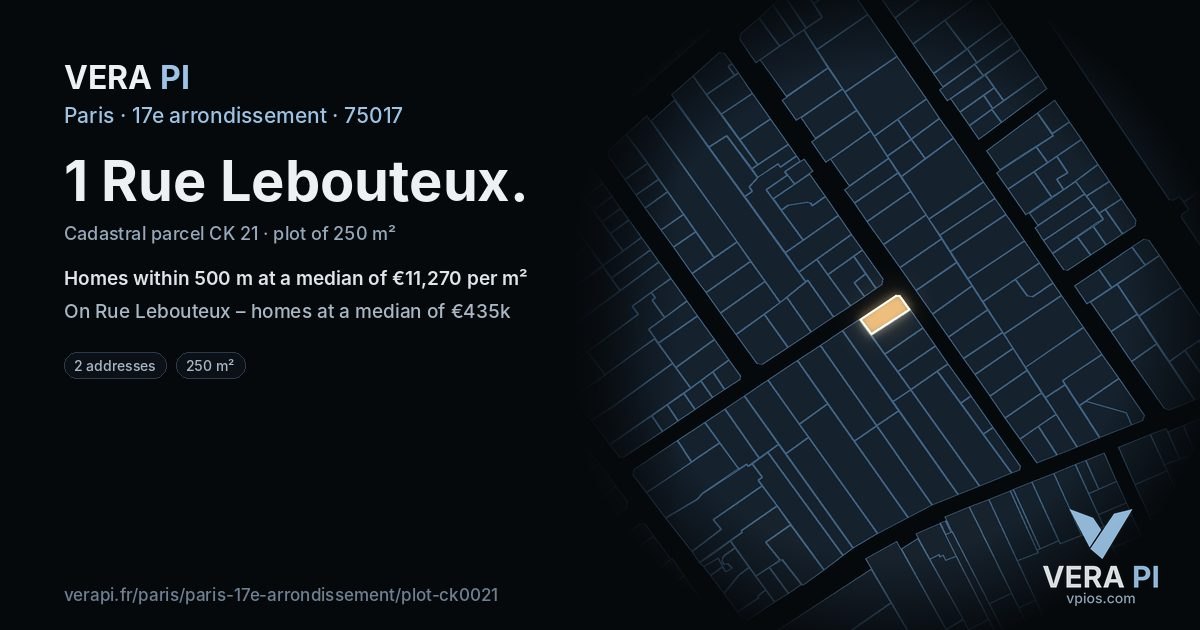 1 Rue Lebouteux, 17e arrondissement at night – the plot lit, the parcels around coloured by the prices near them