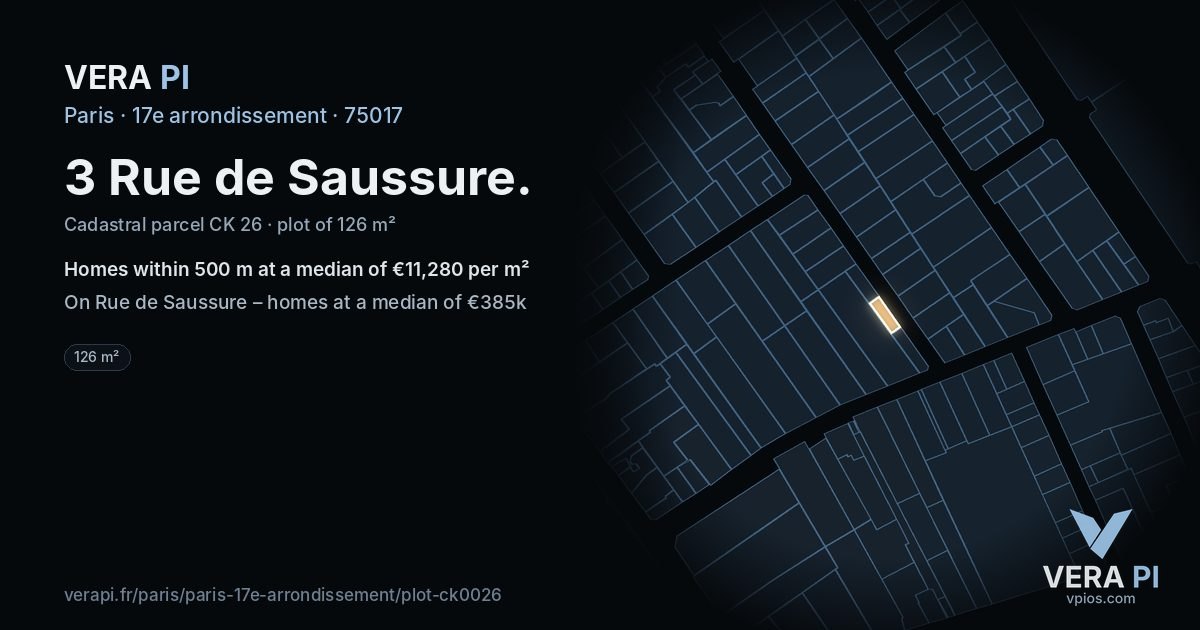 3 Rue de Saussure, 17e arrondissement at night – the plot lit, the parcels around coloured by the prices near them