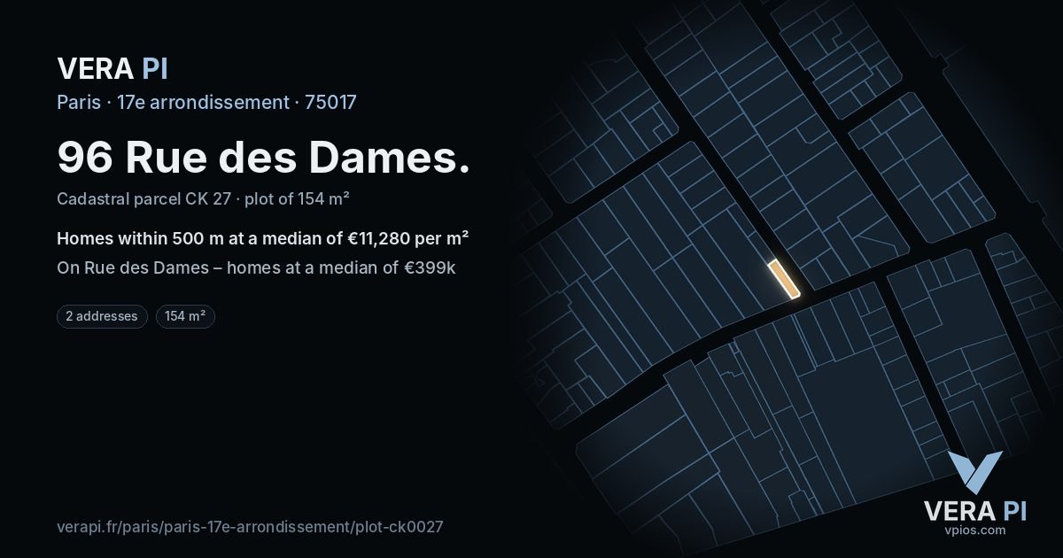 96 Rue des Dames, 17e arrondissement at night – the plot lit, the parcels around coloured by the prices near them
