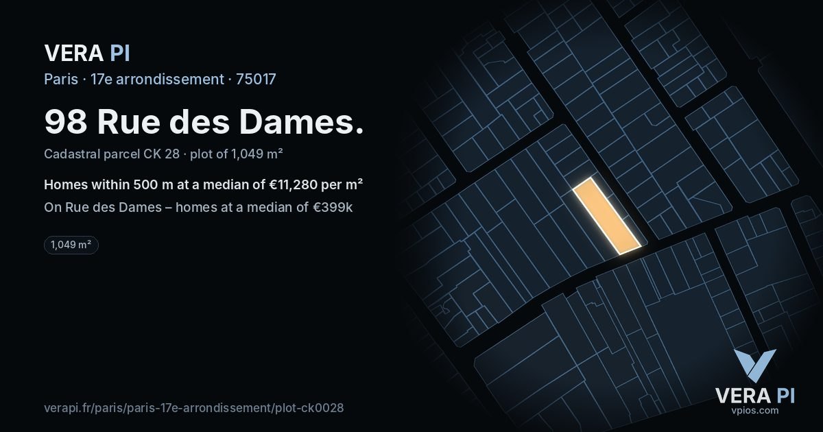 98 Rue des Dames, 17e arrondissement at night – the plot lit, the parcels around coloured by the prices near them