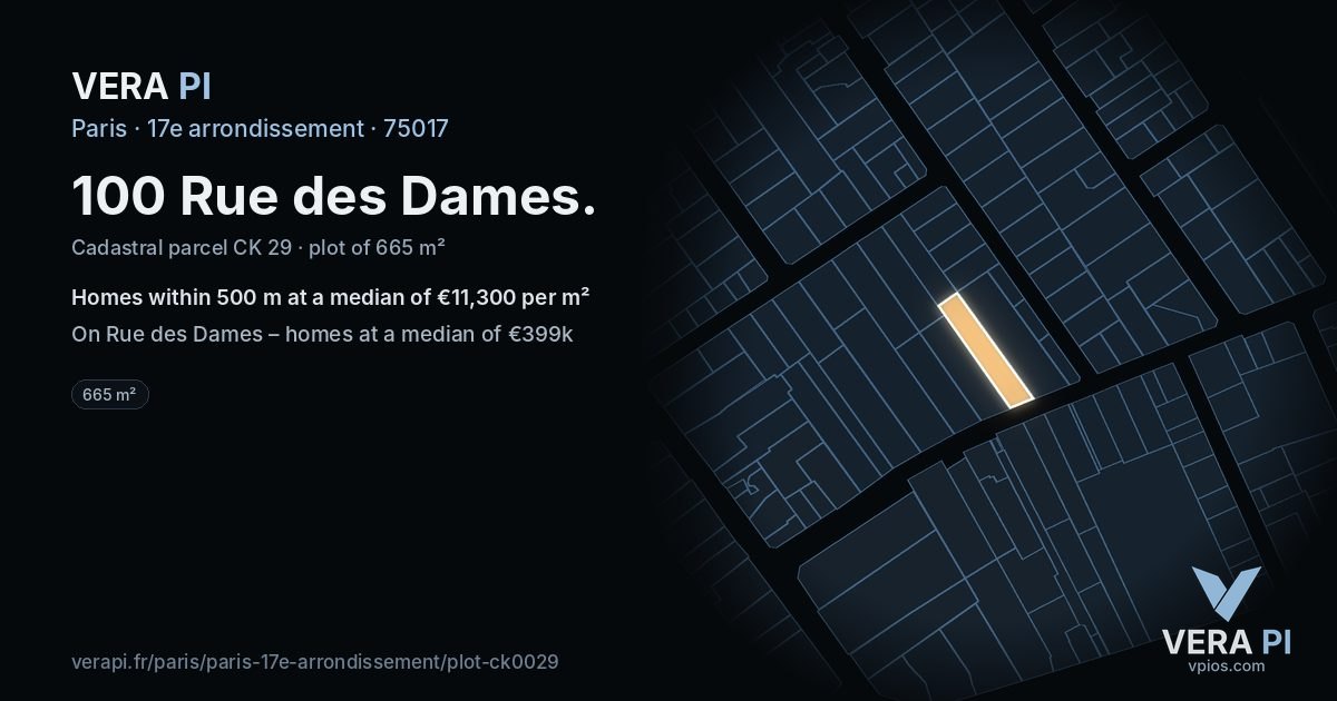 100 Rue des Dames, 17e arrondissement at night – the plot lit, the parcels around coloured by the prices near them