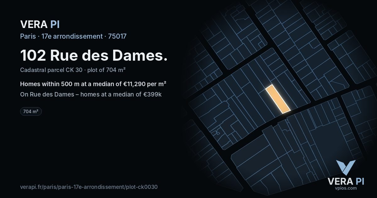 102 Rue des Dames, 17e arrondissement at night – the plot lit, the parcels around coloured by the prices near them