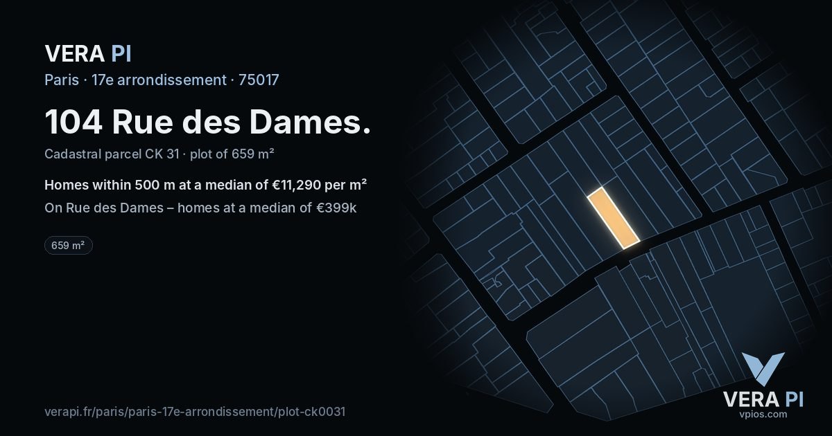 104 Rue des Dames, 17e arrondissement at night – the plot lit, the parcels around coloured by the prices near them