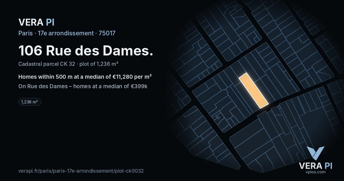 106 Rue des Dames, 17e arrondissement at night – the plot lit, the parcels around coloured by the prices near them