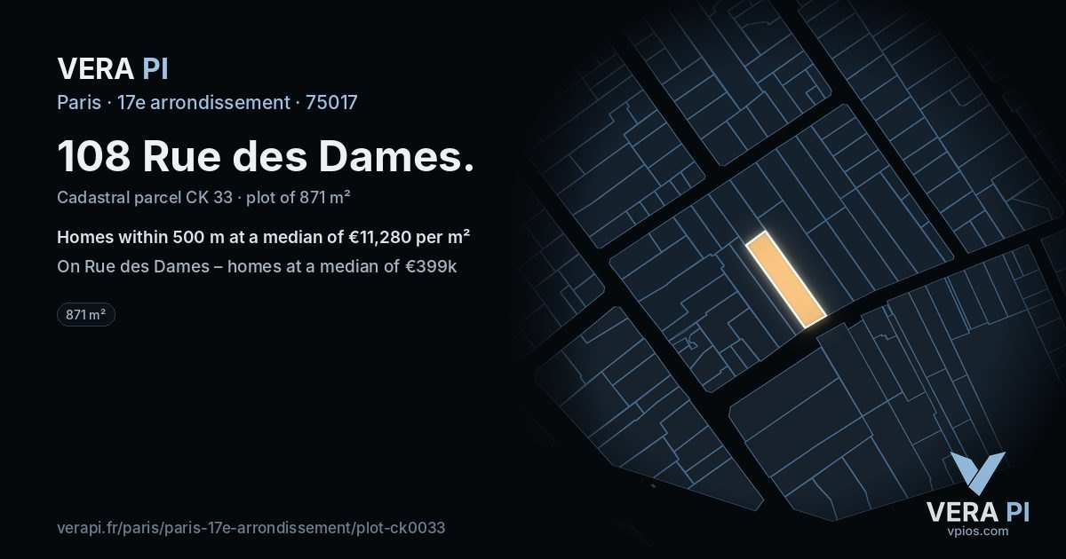 108 Rue des Dames, 17e arrondissement at night – the plot lit, the parcels around coloured by the prices near them