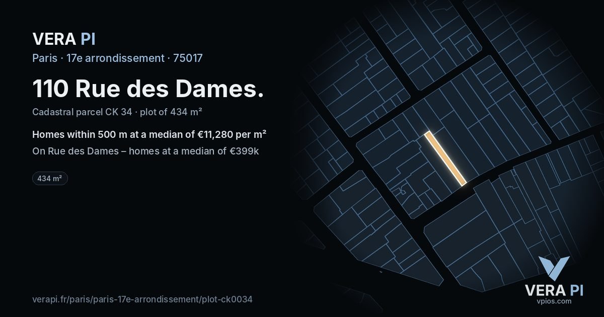 110 Rue des Dames, 17e arrondissement at night – the plot lit, the parcels around coloured by the prices near them