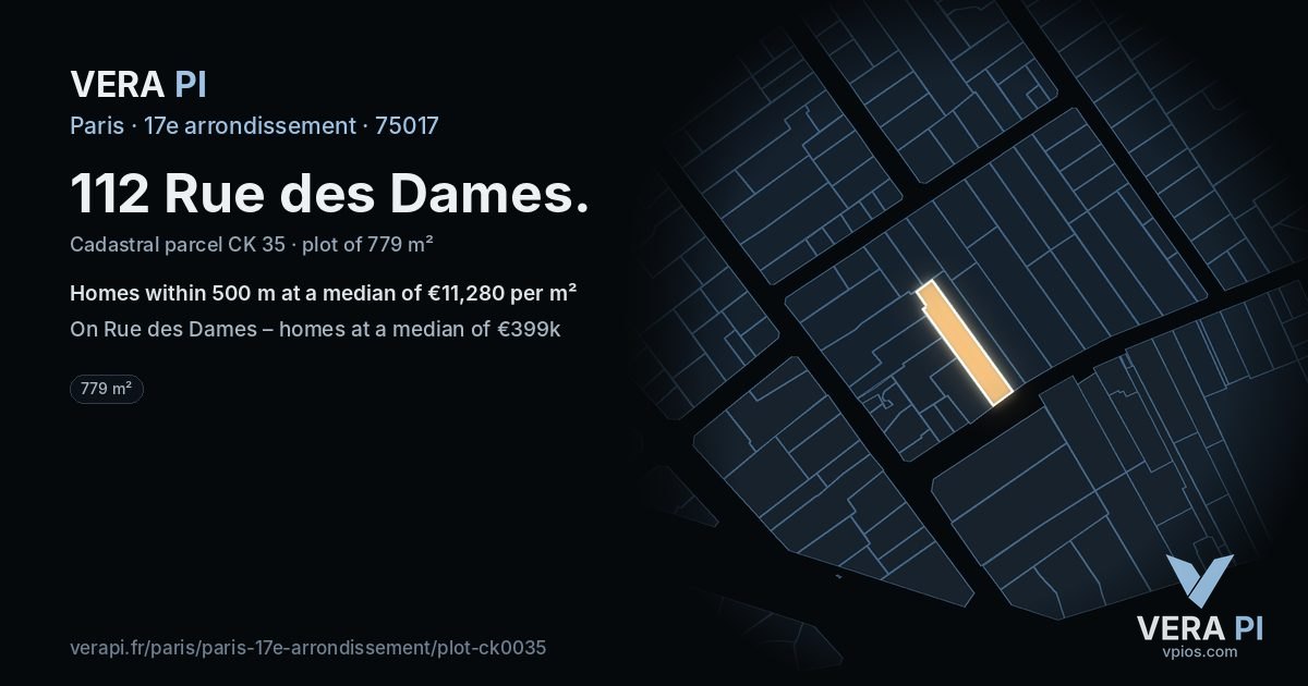 112 Rue des Dames, 17e arrondissement at night – the plot lit, the parcels around coloured by the prices near them