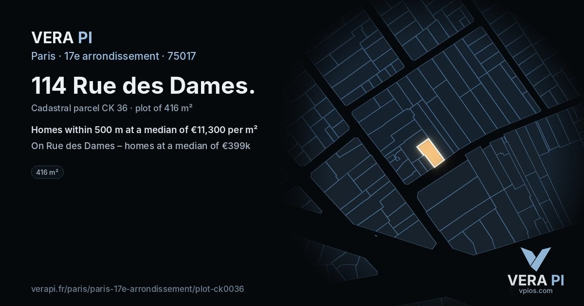 114 Rue des Dames, 17e arrondissement at night – the plot lit, the parcels around coloured by the prices near them