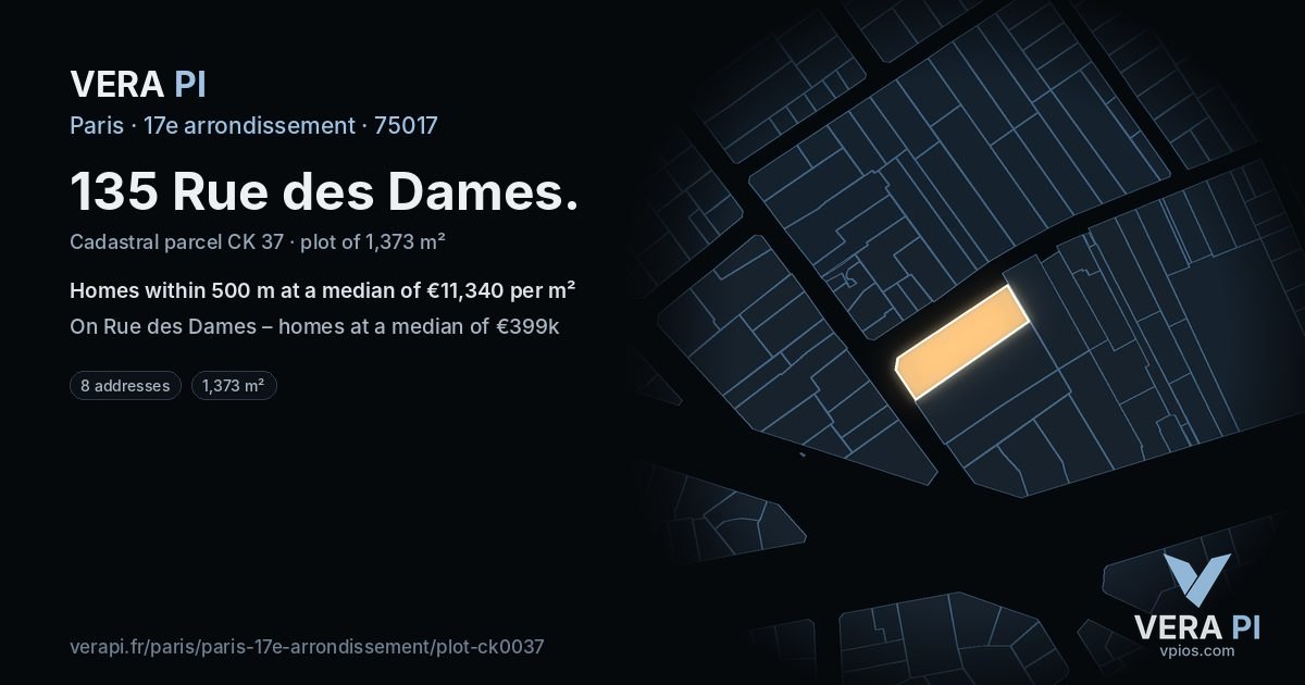 135 Rue des Dames, 17e arrondissement at night – the plot lit, the parcels around coloured by the prices near them