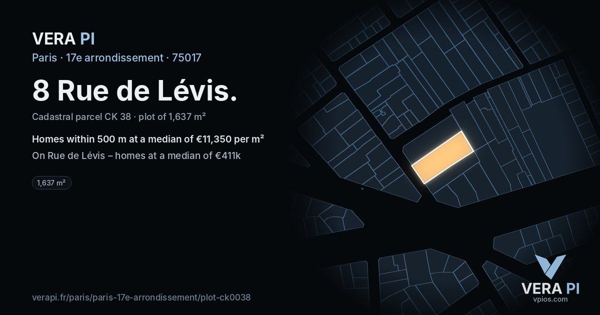 8 Rue de Lévis, 17e arrondissement at night – the plot lit, the parcels around coloured by the prices near them