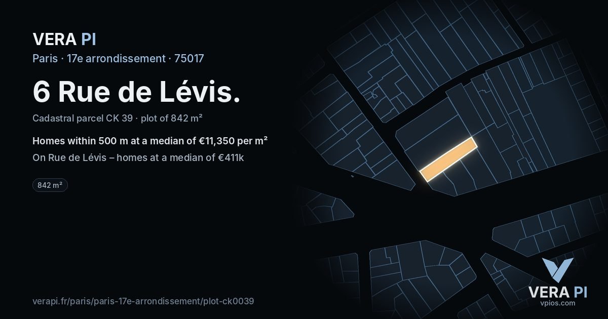 6 Rue de Lévis, 17e arrondissement at night – the plot lit, the parcels around coloured by the prices near them