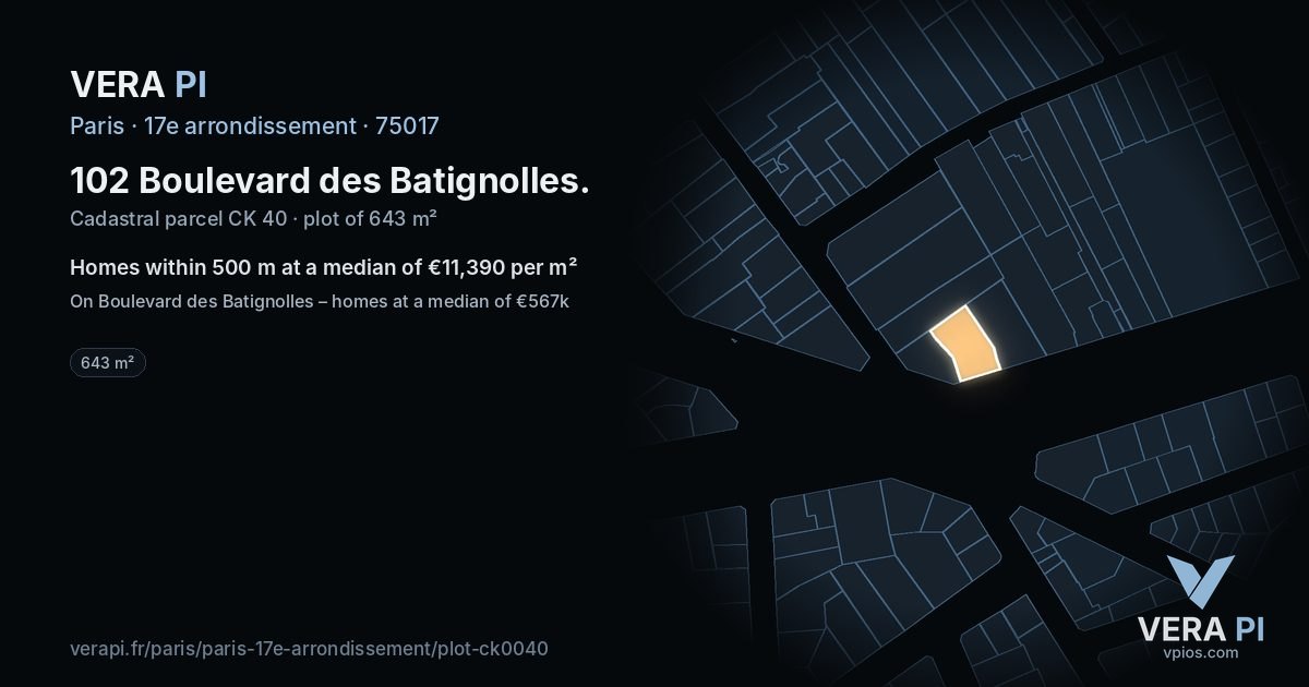 102 Boulevard des Batignolles, 17e arrondissement at night – the plot lit, the parcels around coloured by the prices near them