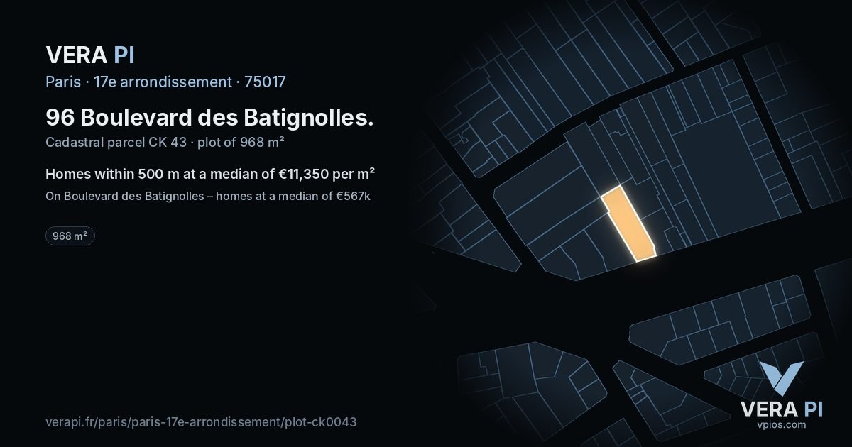 96 Boulevard des Batignolles, 17e arrondissement at night – the plot lit, the parcels around coloured by the prices near them