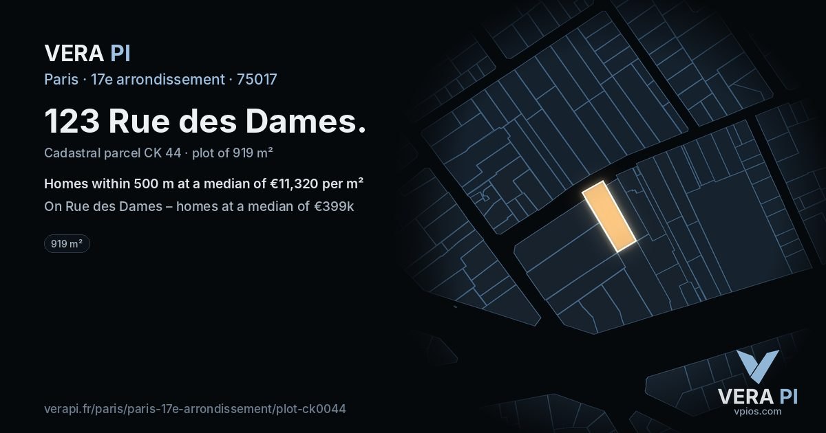 123 Rue des Dames, 17e arrondissement at night – the plot lit, the parcels around coloured by the prices near them