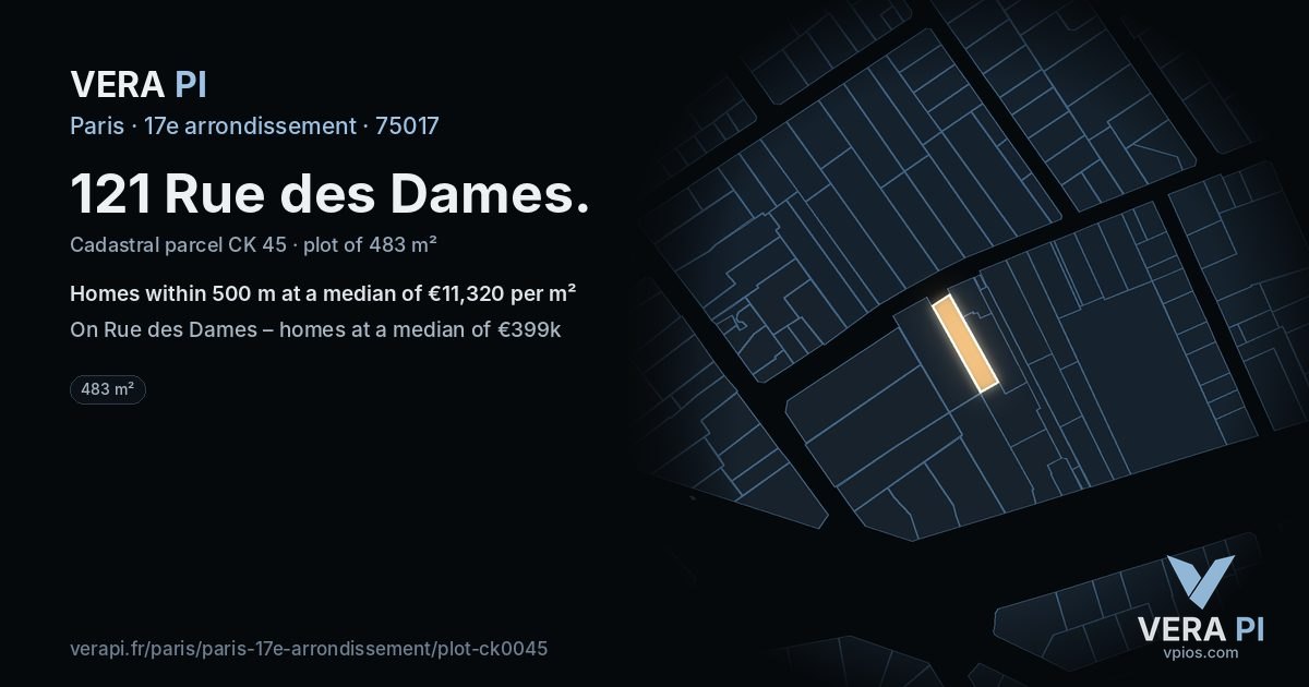 121 Rue des Dames, 17e arrondissement at night – the plot lit, the parcels around coloured by the prices near them