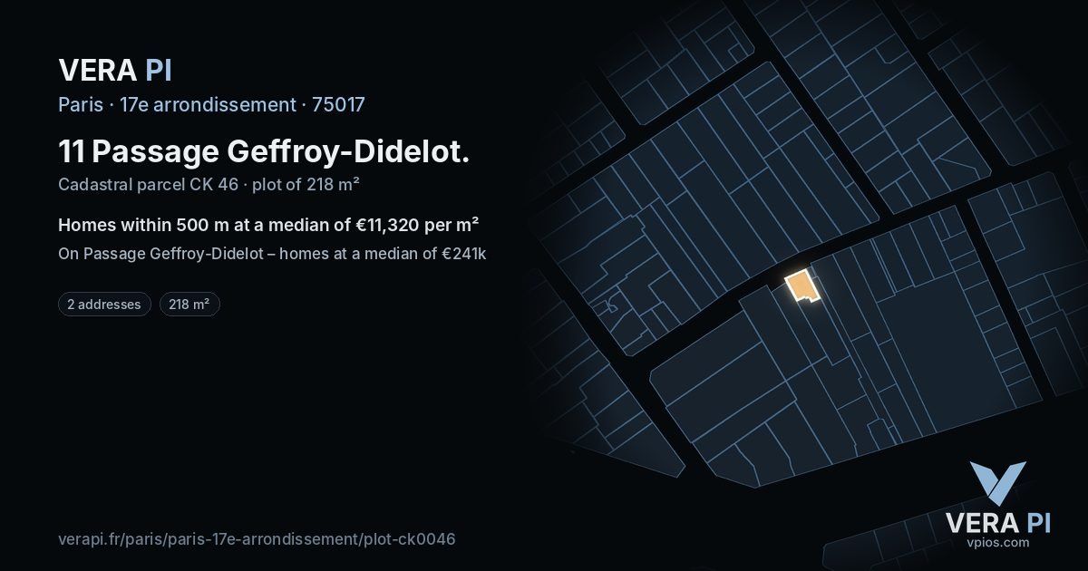 11 Passage Geffroy-Didelot, 17e arrondissement at night – the plot lit, the parcels around coloured by the prices near them