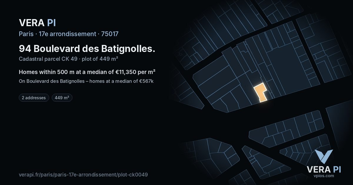 94 Boulevard des Batignolles, 17e arrondissement at night – the plot lit, the parcels around coloured by the prices near them