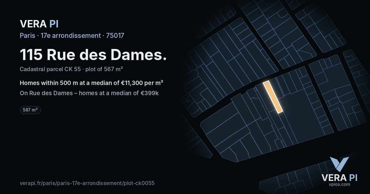 115 Rue des Dames, 17e arrondissement at night – the plot lit, the parcels around coloured by the prices near them