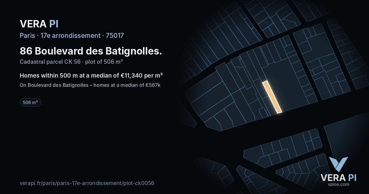 86 Boulevard des Batignolles, 17e arrondissement at night – the plot lit, the parcels around coloured by the prices near them