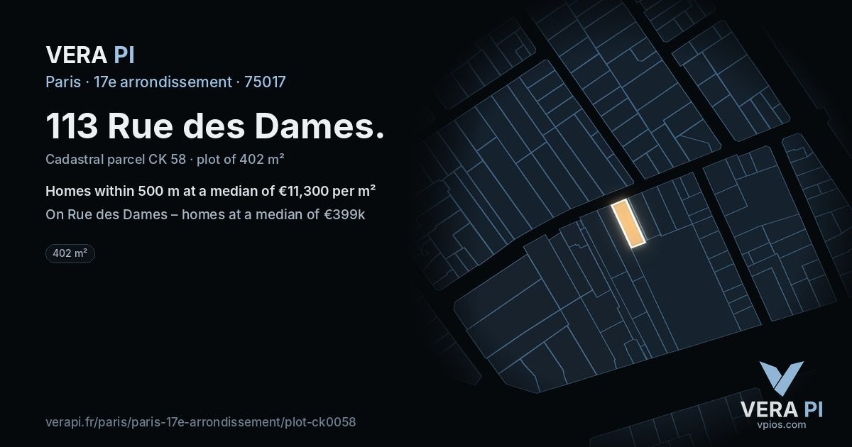 113 Rue des Dames, 17e arrondissement at night – the plot lit, the parcels around coloured by the prices near them