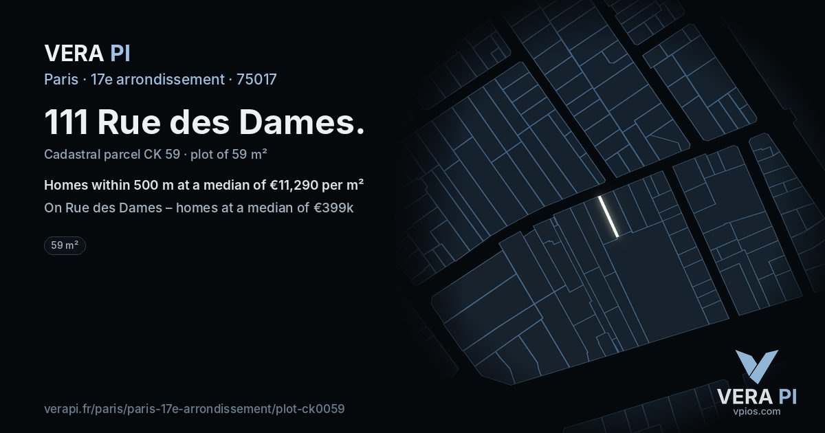 111 Rue des Dames, 17e arrondissement at night – the plot lit, the parcels around coloured by the prices near them
