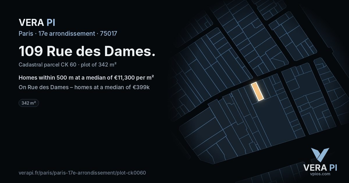 109 Rue des Dames, 17e arrondissement at night – the plot lit, the parcels around coloured by the prices near them