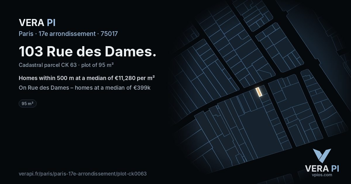 103 Rue des Dames, 17e arrondissement at night – the plot lit, the parcels around coloured by the prices near them