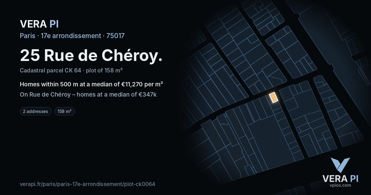 25 Rue de Chéroy, 17e arrondissement at night – the plot lit, the parcels around coloured by the prices near them