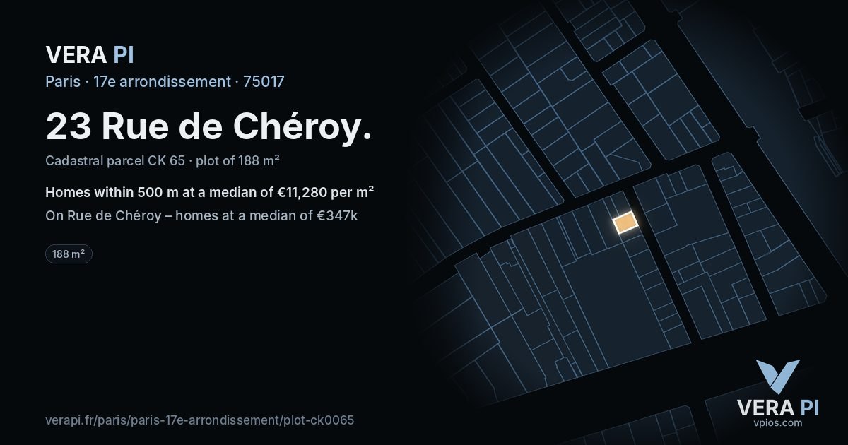 23 Rue de Chéroy, 17e arrondissement at night – the plot lit, the parcels around coloured by the prices near them