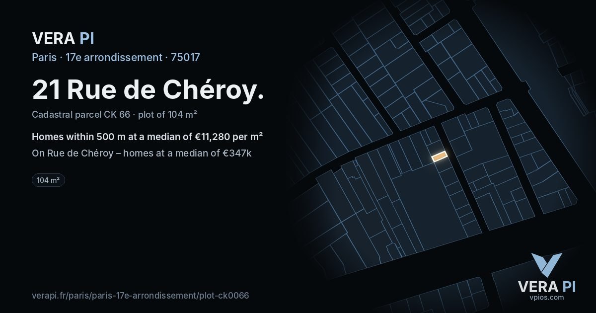 21 Rue de Chéroy, 17e arrondissement at night – the plot lit, the parcels around coloured by the prices near them