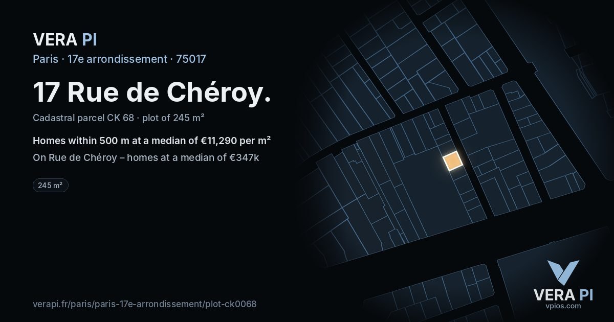17 Rue de Chéroy, 17e arrondissement at night – the plot lit, the parcels around coloured by the prices near them