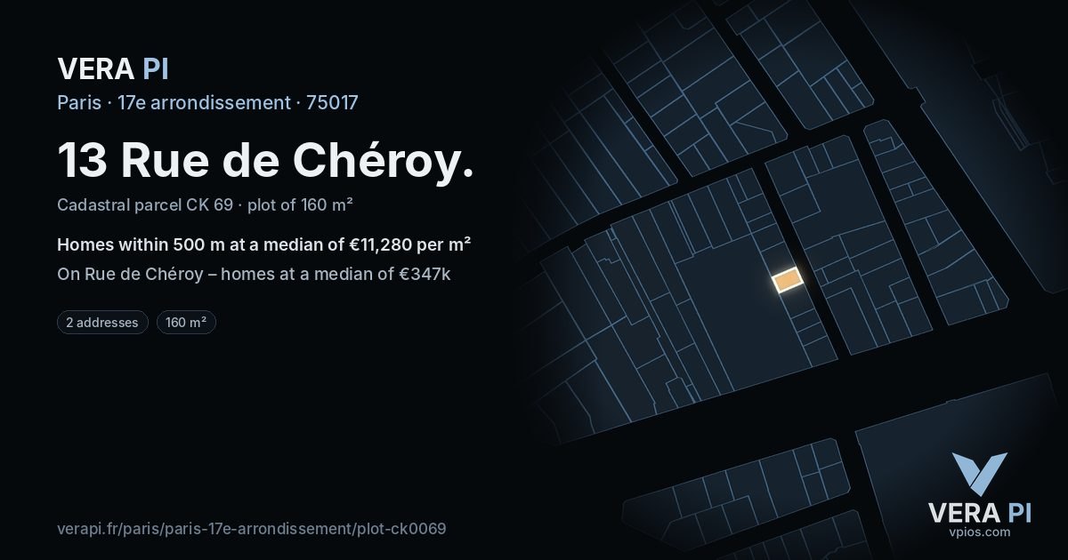 13 Rue de Chéroy, 17e arrondissement at night – the plot lit, the parcels around coloured by the prices near them