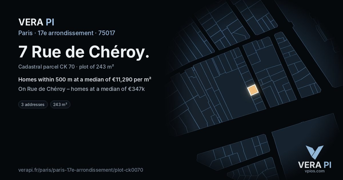7 Rue de Chéroy, 17e arrondissement at night – the plot lit, the parcels around coloured by the prices near them