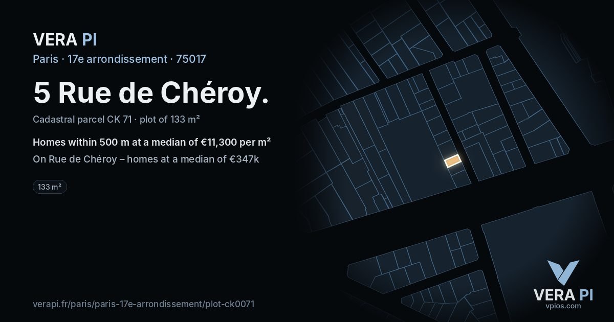5 Rue de Chéroy, 17e arrondissement at night – the plot lit, the parcels around coloured by the prices near them